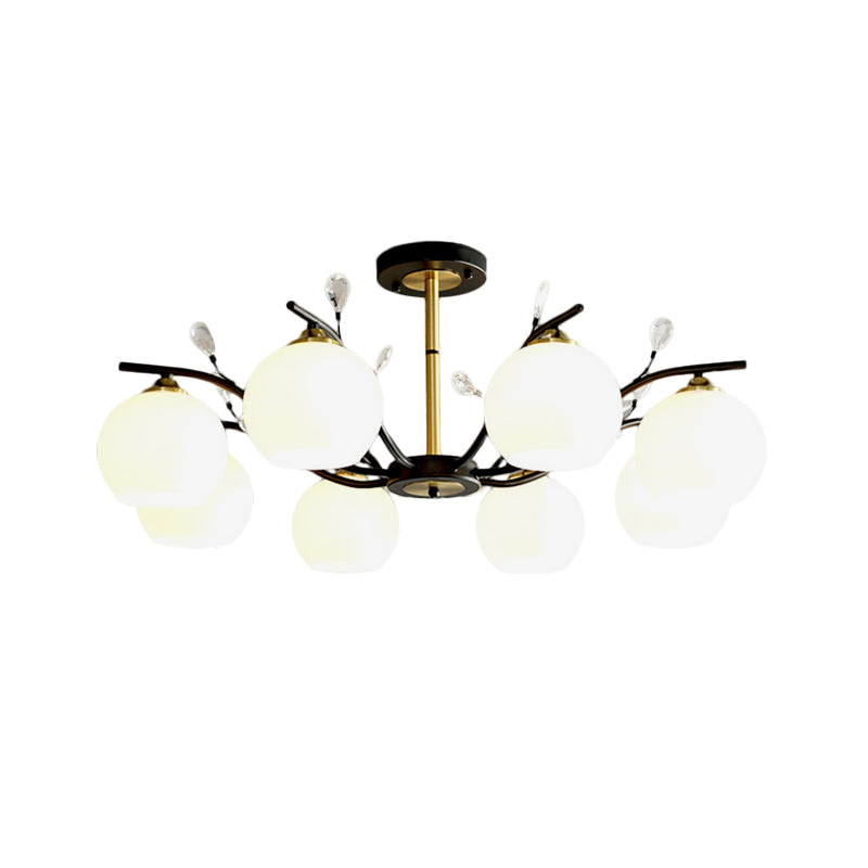 Cream/Clear Glass Global Semi Flush Mount Modernist 8-Bulb Black and Gold Flush Ceiling Light with Crystal Accent Clearhalo 'Ceiling Lights' 'Close To Ceiling Lights' 'Close to ceiling' 'Glass shade' 'Glass' 'Island Lights' 'Semi-flushmount' Lighting' 759116
