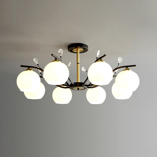 Cream/Clear Glass Global Semi Flush Mount Modernist 8-Bulb Black and Gold Flush Ceiling Light with Crystal Accent Clearhalo 'Ceiling Lights' 'Close To Ceiling Lights' 'Close to ceiling' 'Glass shade' 'Glass' 'Island Lights' 'Semi-flushmount' Lighting' 759117
