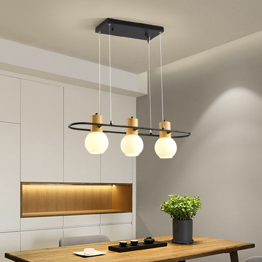 Black Orb Island Light Pendant Modernism 3/4-Light Frosted Glass Hanging Lamp Kit with Rectangle Ring 3 Black Clearhalo 'Ceiling Lights' 'Glass shade' 'Glass' 'Island Lights' 'Pendant Lights' Lighting' 759147