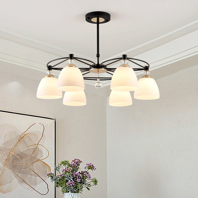 Contemporary Cup Shape Chandelier Cream Glass 3/6 Lights Living Room Hanging Ceiling Lamp in Black with Crystal Droplet Clearhalo 'Ceiling Lights' 'Chandeliers' 'Modern Chandeliers' 'Modern' Lighting' 759165