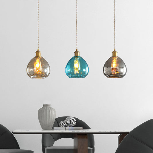 Tan-Blue-Grey Glass Onion Multi Ceiling Light Vintage 3-Bulb Pendant Lamp Fixture in Brass with Linear/Round Canopy Brass Linear Clearhalo 'Ceiling Lights' 'Glass shade' 'Glass' 'Island Lights' 'Modern Pendants' 'Modern' 'Pendant Lights' 'Pendants' Lighting' 759193