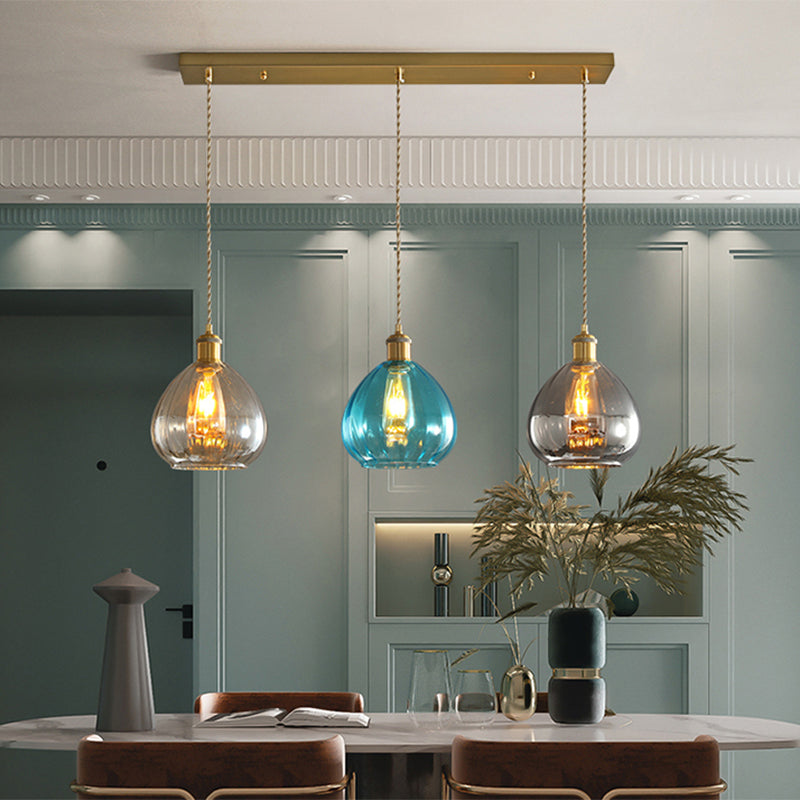 Tan-Blue-Grey Glass Onion Multi Ceiling Light Vintage 3-Bulb Pendant Lamp Fixture in Brass with Linear/Round Canopy Clearhalo 'Ceiling Lights' 'Glass shade' 'Glass' 'Island Lights' 'Modern Pendants' 'Modern' 'Pendant Lights' 'Pendants' Lighting' 759194