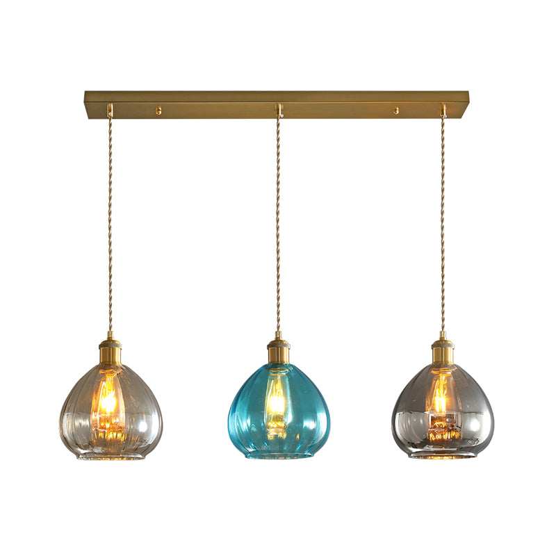 Tan-Blue-Grey Glass Onion Multi Ceiling Light Vintage 3-Bulb Pendant Lamp Fixture in Brass with Linear/Round Canopy Clearhalo 'Ceiling Lights' 'Glass shade' 'Glass' 'Island Lights' 'Modern Pendants' 'Modern' 'Pendant Lights' 'Pendants' Lighting' 759195