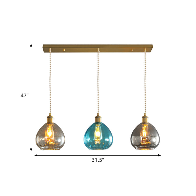 Tan-Blue-Grey Glass Onion Multi Ceiling Light Vintage 3-Bulb Pendant Lamp Fixture in Brass with Linear/Round Canopy Clearhalo 'Ceiling Lights' 'Glass shade' 'Glass' 'Island Lights' 'Modern Pendants' 'Modern' 'Pendant Lights' 'Pendants' Lighting' 759196
