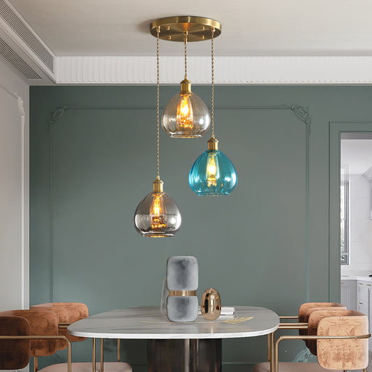 Tan-Blue-Grey Glass Onion Multi Ceiling Light Vintage 3-Bulb Pendant Lamp Fixture in Brass with Linear/Round Canopy Brass Round Clearhalo 'Ceiling Lights' 'Glass shade' 'Glass' 'Island Lights' 'Modern Pendants' 'Modern' 'Pendant Lights' 'Pendants' Lighting' 759197