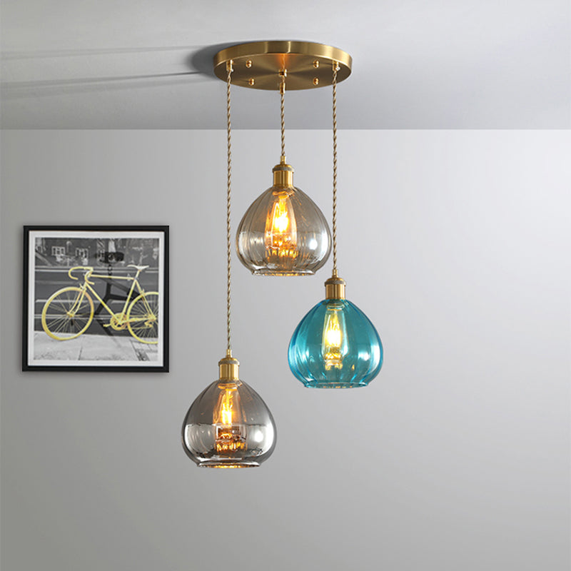 Tan-Blue-Grey Glass Onion Multi Ceiling Light Vintage 3-Bulb Pendant Lamp Fixture in Brass with Linear/Round Canopy Clearhalo 'Ceiling Lights' 'Glass shade' 'Glass' 'Island Lights' 'Modern Pendants' 'Modern' 'Pendant Lights' 'Pendants' Lighting' 759198