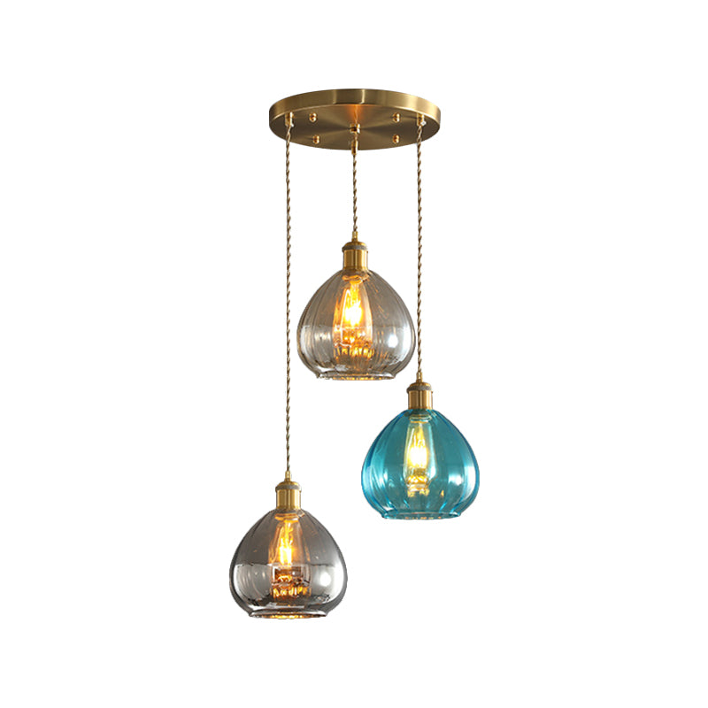 Tan-Blue-Grey Glass Onion Multi Ceiling Light Vintage 3-Bulb Pendant Lamp Fixture in Brass with Linear/Round Canopy Clearhalo 'Ceiling Lights' 'Glass shade' 'Glass' 'Island Lights' 'Modern Pendants' 'Modern' 'Pendant Lights' 'Pendants' Lighting' 759199