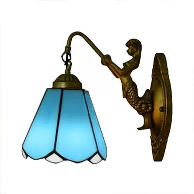 1 Head Cone Wall Light Fixture Tiffany White/Blue Glass Sconce Lighting with Mermaid Backplate Clearhalo 'Industrial' 'Middle century wall lights' 'Tiffany wall lights' 'Tiffany' 'Wall Lamps & Sconces' 'Wall Lights' Lighting' 7592