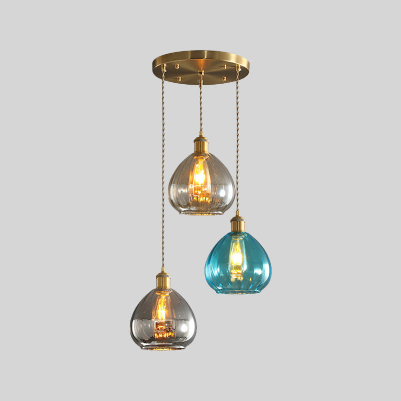 Tan-Blue-Grey Glass Onion Multi Ceiling Light Vintage 3-Bulb Pendant Lamp Fixture in Brass with Linear/Round Canopy Clearhalo 'Ceiling Lights' 'Glass shade' 'Glass' 'Island Lights' 'Modern Pendants' 'Modern' 'Pendant Lights' 'Pendants' Lighting' 759200