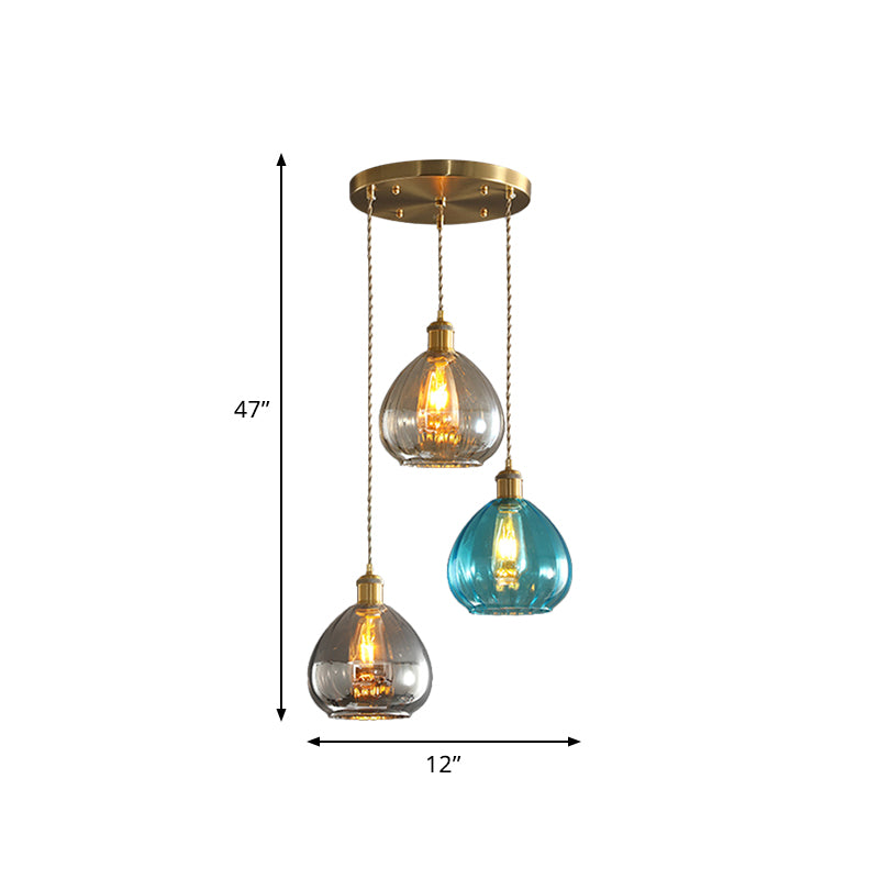 Tan-Blue-Grey Glass Onion Multi Ceiling Light Vintage 3-Bulb Pendant Lamp Fixture in Brass with Linear/Round Canopy Clearhalo 'Ceiling Lights' 'Glass shade' 'Glass' 'Island Lights' 'Modern Pendants' 'Modern' 'Pendant Lights' 'Pendants' Lighting' 759201