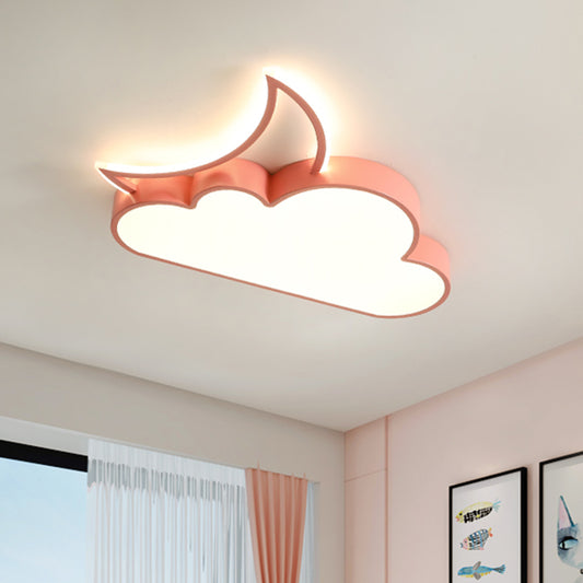 Kids LED Flush Mount Lamp Pink/Gold/Blue Crescent Hiding Behind A Cloud Ceiling Fixture with Acrylic Shade Pink Clearhalo 'Ceiling Lights' 'Close To Ceiling Lights' 'Close to ceiling' 'Flush mount' Lighting' 759219