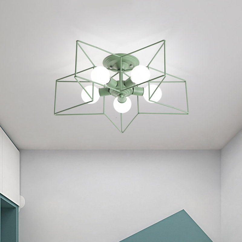 Pentacle Frame Iron Flush Mount Light Kids 5-Bulb Pink/Grey/Blue Semi Flush Ceiling Light for Baby Room Green Clearhalo 'Ceiling Lights' 'Close To Ceiling Lights' 'Close to ceiling' 'Semi-flushmount' Lighting' 759378