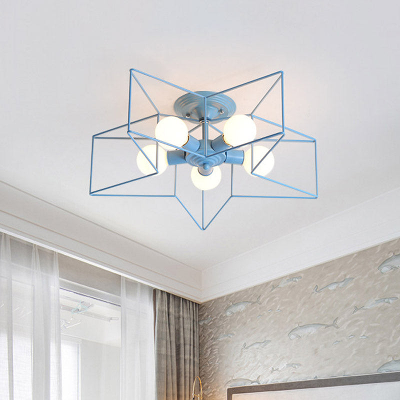 Pentacle Frame Iron Flush Mount Light Kids 5-Bulb Pink/Grey/Blue Semi Flush Ceiling Light for Baby Room Blue Clearhalo 'Ceiling Lights' 'Close To Ceiling Lights' 'Close to ceiling' 'Semi-flushmount' Lighting' 759382