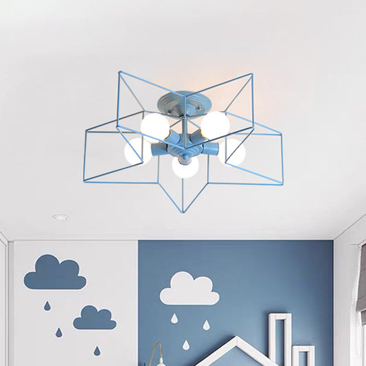 Pentacle Frame Iron Flush Mount Light Kids 5-Bulb Pink/Grey/Blue Semi Flush Ceiling Light for Baby Room Clearhalo 'Ceiling Lights' 'Close To Ceiling Lights' 'Close to ceiling' 'Semi-flushmount' Lighting' 759383