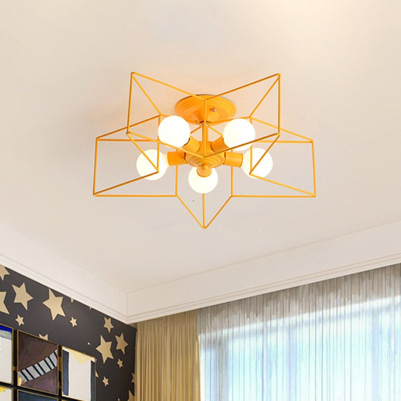 Pentacle Frame Iron Flush Mount Light Kids 5-Bulb Pink/Grey/Blue Semi Flush Ceiling Light for Baby Room Clearhalo 'Ceiling Lights' 'Close To Ceiling Lights' 'Close to ceiling' 'Semi-flushmount' Lighting' 759386