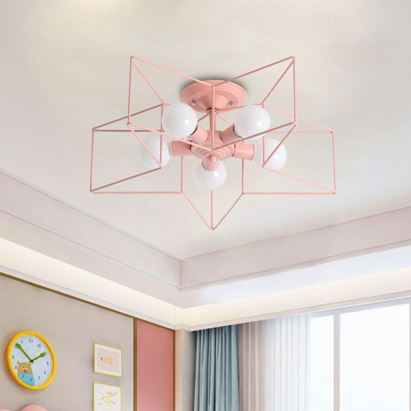 Pentacle Frame Iron Flush Mount Light Kids 5-Bulb Pink/Grey/Blue Semi Flush Ceiling Light for Baby Room Pink Clearhalo 'Ceiling Lights' 'Close To Ceiling Lights' 'Close to ceiling' 'Semi-flushmount' Lighting' 759388