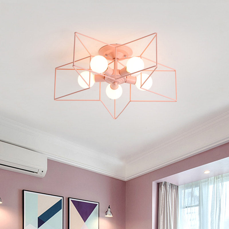Pentacle Frame Iron Flush Mount Light Kids 5-Bulb Pink/Grey/Blue Semi Flush Ceiling Light for Baby Room Clearhalo 'Ceiling Lights' 'Close To Ceiling Lights' 'Close to ceiling' 'Semi-flushmount' Lighting' 759389