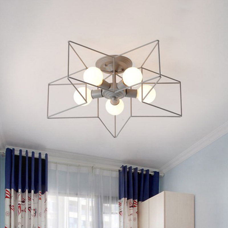 Pentacle Frame Iron Flush Mount Light Kids 5-Bulb Pink/Grey/Blue Semi Flush Ceiling Light for Baby Room Clearhalo 'Ceiling Lights' 'Close To Ceiling Lights' 'Close to ceiling' 'Semi-flushmount' Lighting' 759392