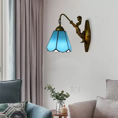1 Head Cone Wall Light Fixture Tiffany White/Blue Glass Sconce Lighting with Mermaid Backplate Blue Clearhalo 'Industrial' 'Middle century wall lights' 'Tiffany wall lights' 'Tiffany' 'Wall Lamps & Sconces' 'Wall Lights' Lighting' 7593