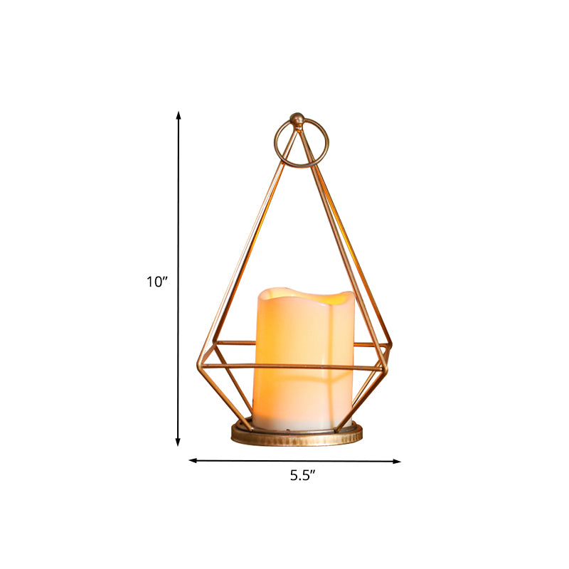 Kids Battery Powered LED Night Lamp Gold Diamond/Triangle/Hexagon Table Light with Iron Cage and Inner Candle Shade Clearhalo 'Night Lights' 'Wall Lights' Lighting' 759465