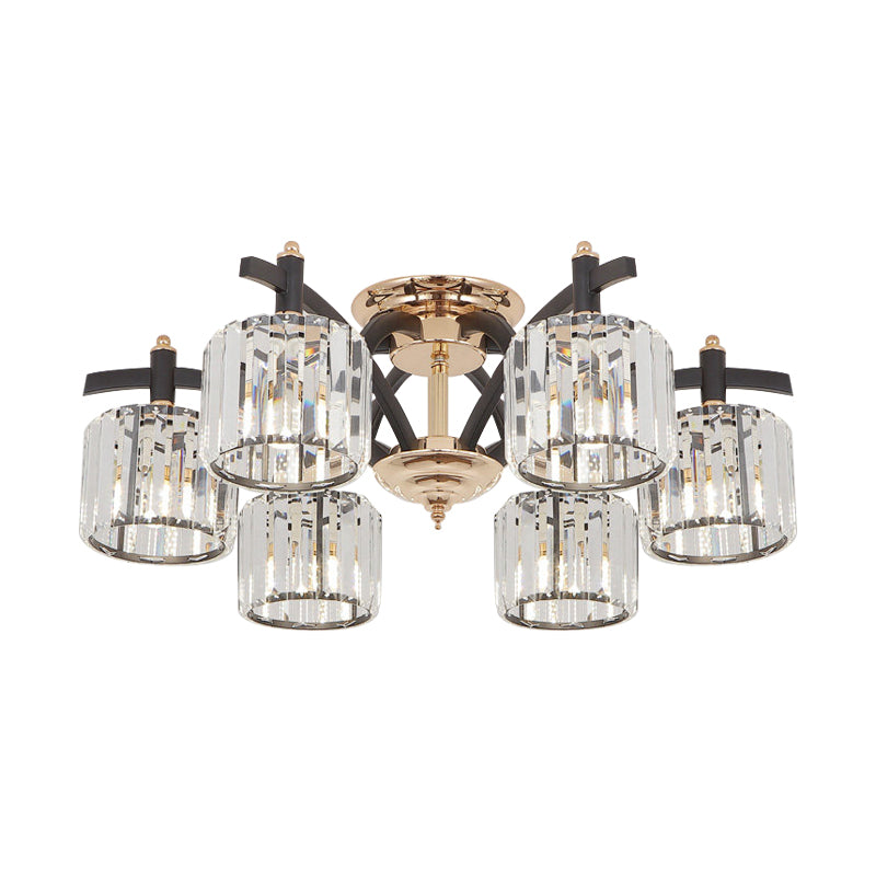 3/6 Heads Crystal Block Semi Flush Light Modern Black and Gold Cylinder Bedroom Ceiling Mounted Lamp Clearhalo 'Ceiling Lights' 'Close To Ceiling Lights' 'Close to ceiling' 'Semi-flushmount' Lighting' 759491