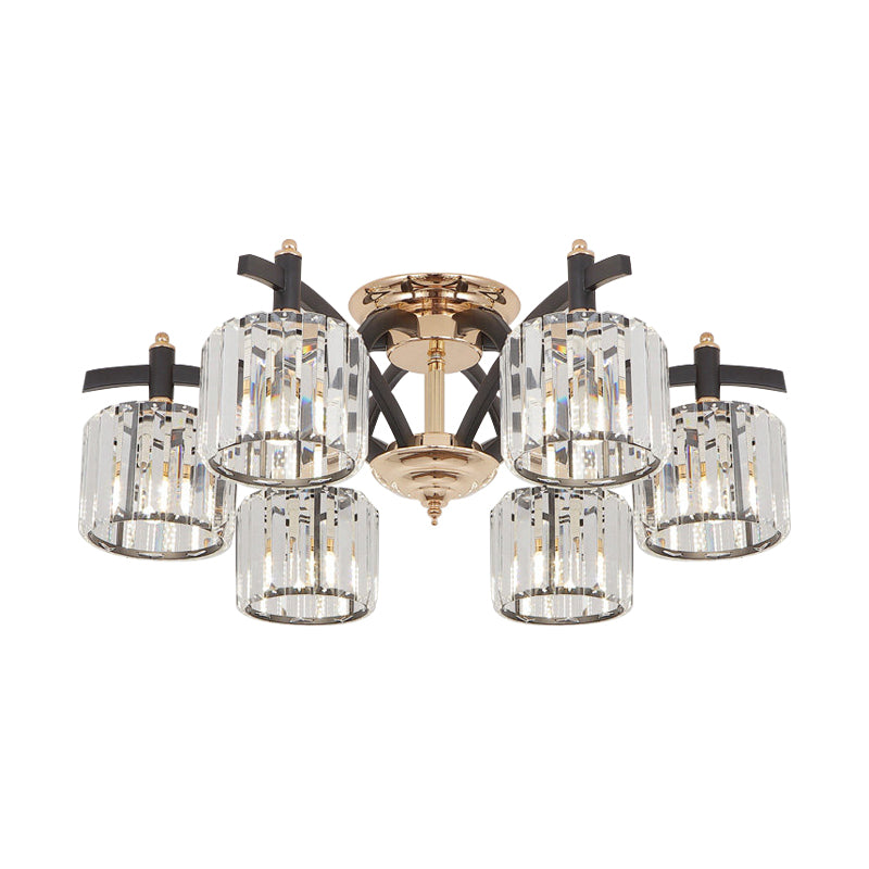 3/6 Heads Crystal Block Semi Flush Light Modern Black and Gold Cylinder Bedroom Ceiling Mounted Lamp Clearhalo 'Ceiling Lights' 'Close To Ceiling Lights' 'Close to ceiling' 'Semi-flushmount' Lighting' 759491