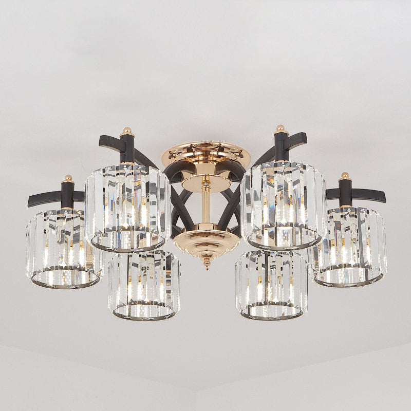 3/6 Heads Crystal Block Semi Flush Light Modern Black and Gold Cylinder Bedroom Ceiling Mounted Lamp Clearhalo 'Ceiling Lights' 'Close To Ceiling Lights' 'Close to ceiling' 'Semi-flushmount' Lighting' 759492