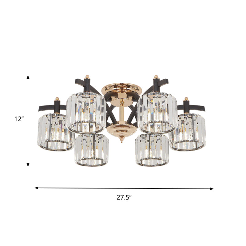 3/6 Heads Crystal Block Semi Flush Light Modern Black and Gold Cylinder Bedroom Ceiling Mounted Lamp Clearhalo 'Ceiling Lights' 'Close To Ceiling Lights' 'Close to ceiling' 'Semi-flushmount' Lighting' 759493