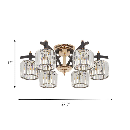 3/6 Heads Crystal Block Semi Flush Light Modern Black and Gold Cylinder Bedroom Ceiling Mounted Lamp Clearhalo 'Ceiling Lights' 'Close To Ceiling Lights' 'Close to ceiling' 'Semi-flushmount' Lighting' 759493