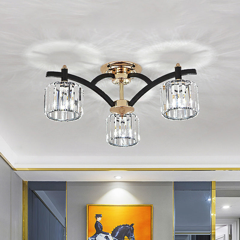 3/6 Heads Crystal Block Semi Flush Light Modern Black and Gold Cylinder Bedroom Ceiling Mounted Lamp Clearhalo 'Ceiling Lights' 'Close To Ceiling Lights' 'Close to ceiling' 'Semi-flushmount' Lighting' 759495