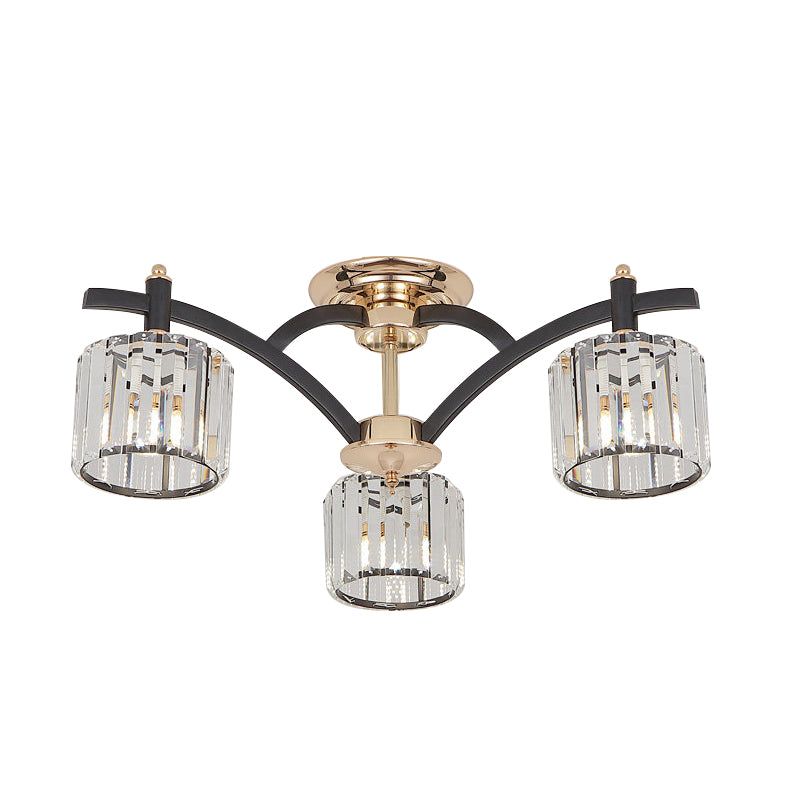 3/6 Heads Crystal Block Semi Flush Light Modern Black and Gold Cylinder Bedroom Ceiling Mounted Lamp Clearhalo 'Ceiling Lights' 'Close To Ceiling Lights' 'Close to ceiling' 'Semi-flushmount' Lighting' 759496