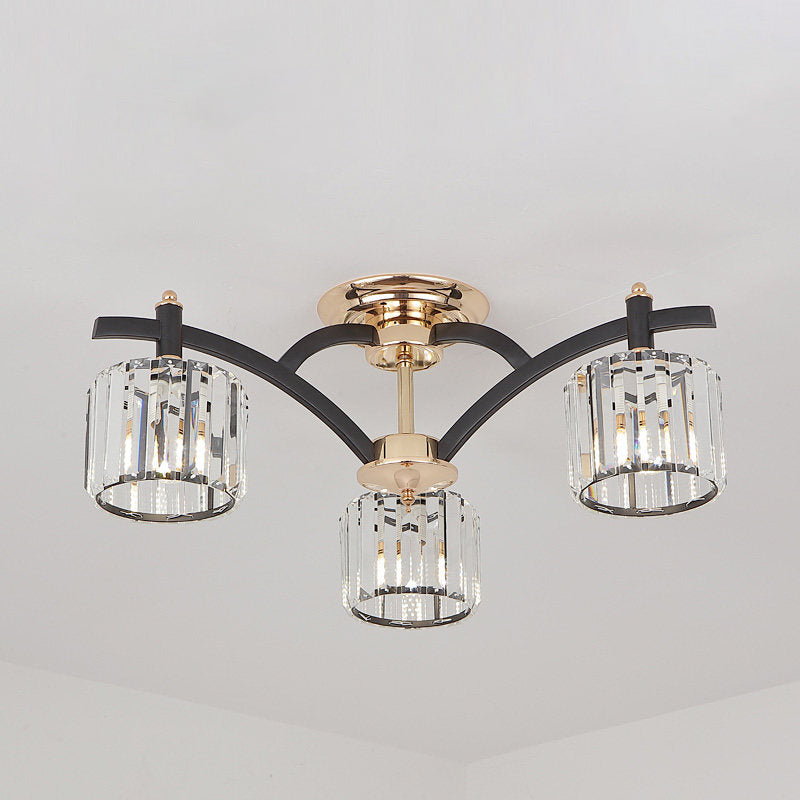 3/6 Heads Crystal Block Semi Flush Light Modern Black and Gold Cylinder Bedroom Ceiling Mounted Lamp Clearhalo 'Ceiling Lights' 'Close To Ceiling Lights' 'Close to ceiling' 'Semi-flushmount' Lighting' 759497