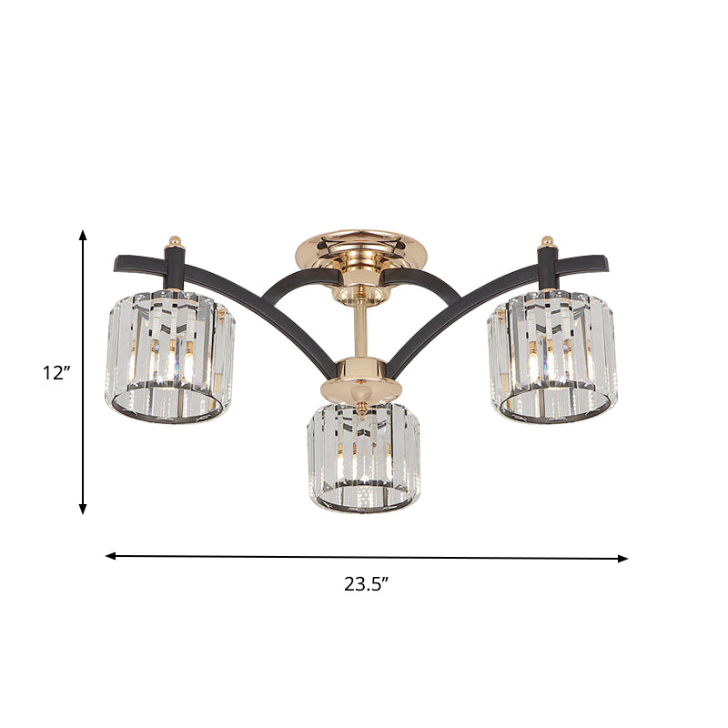 3/6 Heads Crystal Block Semi Flush Light Modern Black and Gold Cylinder Bedroom Ceiling Mounted Lamp Clearhalo 'Ceiling Lights' 'Close To Ceiling Lights' 'Close to ceiling' 'Semi-flushmount' Lighting' 759498