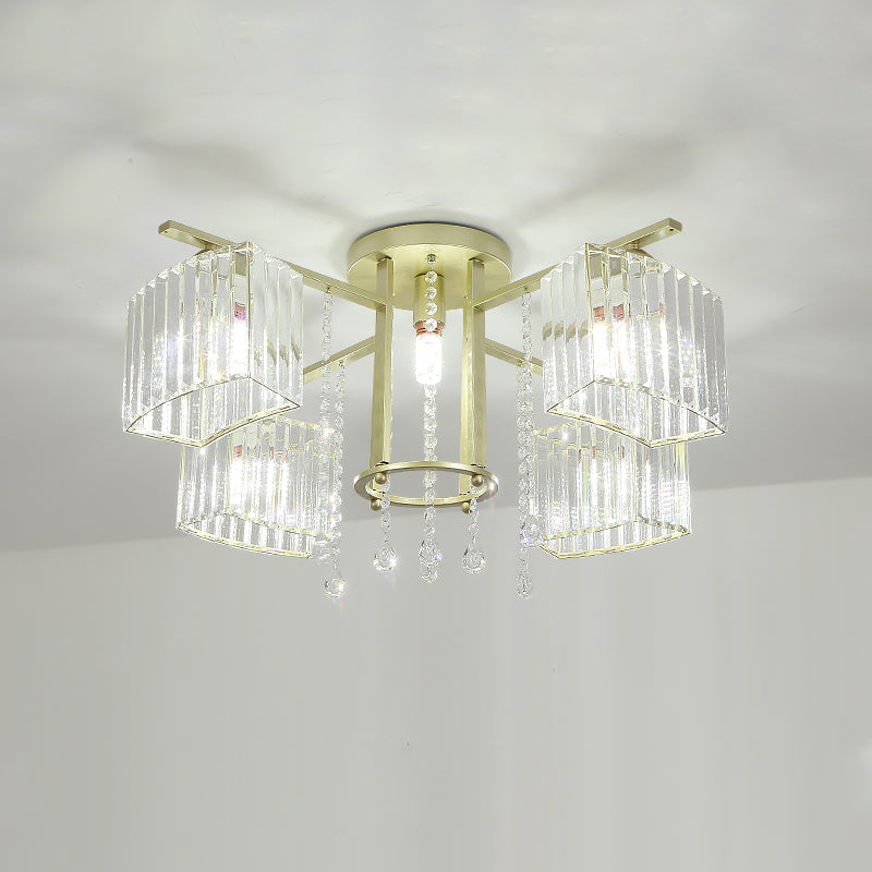 5/7 Bulbs Semi-Flush Ceiling Light Modern Bedroom Flushmount Lamp with Cuboid Clear Crystal Block Shade Clearhalo 'Ceiling Lights' 'Close To Ceiling Lights' 'Close to ceiling' 'Semi-flushmount' Lighting' 759519