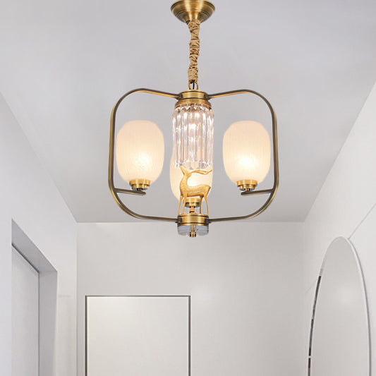 Oblong Frosted Glass Pendant Chandelier Modernist 3/6 Heads Living Room Suspension Lamp in Brass Clearhalo 'Ceiling Lights' 'Chandeliers' 'Modern Chandeliers' 'Modern' Lighting' 759527