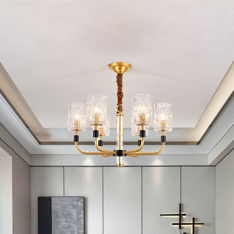 Brass 3/6 Lights Chandelier Lighting Minimalism Crystal Block Cylindrical Ceiling Pendant Lamp Clearhalo 'Ceiling Lights' 'Chandeliers' 'Modern Chandeliers' 'Modern' Lighting' 759536