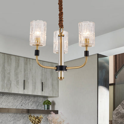Brass 3/6 Lights Chandelier Lighting Minimalism Crystal Block Cylindrical Ceiling Pendant Lamp 3 Brass Clearhalo 'Ceiling Lights' 'Chandeliers' 'Modern Chandeliers' 'Modern' Lighting' 759539