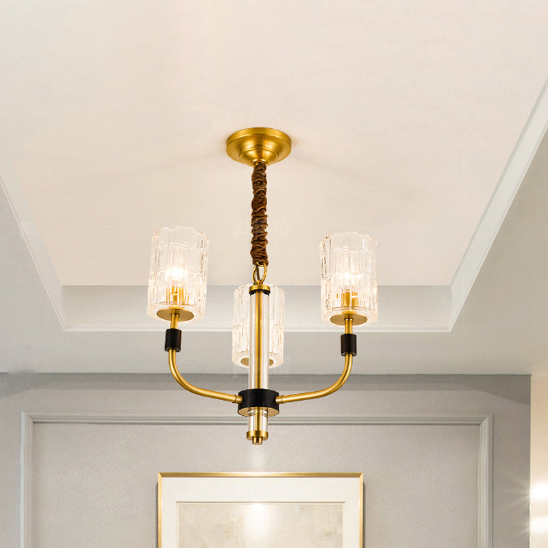 Brass 3/6 Lights Chandelier Lighting Minimalism Crystal Block Cylindrical Ceiling Pendant Lamp Clearhalo 'Ceiling Lights' 'Chandeliers' 'Modern Chandeliers' 'Modern' Lighting' 759540