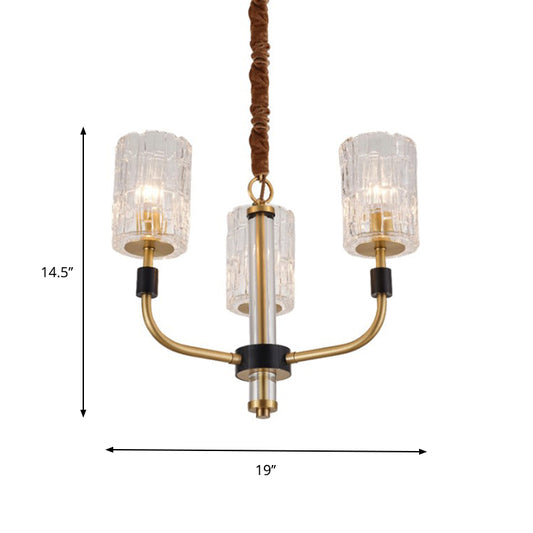 Brass 3/6 Lights Chandelier Lighting Minimalism Crystal Block Cylindrical Ceiling Pendant Lamp Clearhalo 'Ceiling Lights' 'Chandeliers' 'Modern Chandeliers' 'Modern' Lighting' 759543