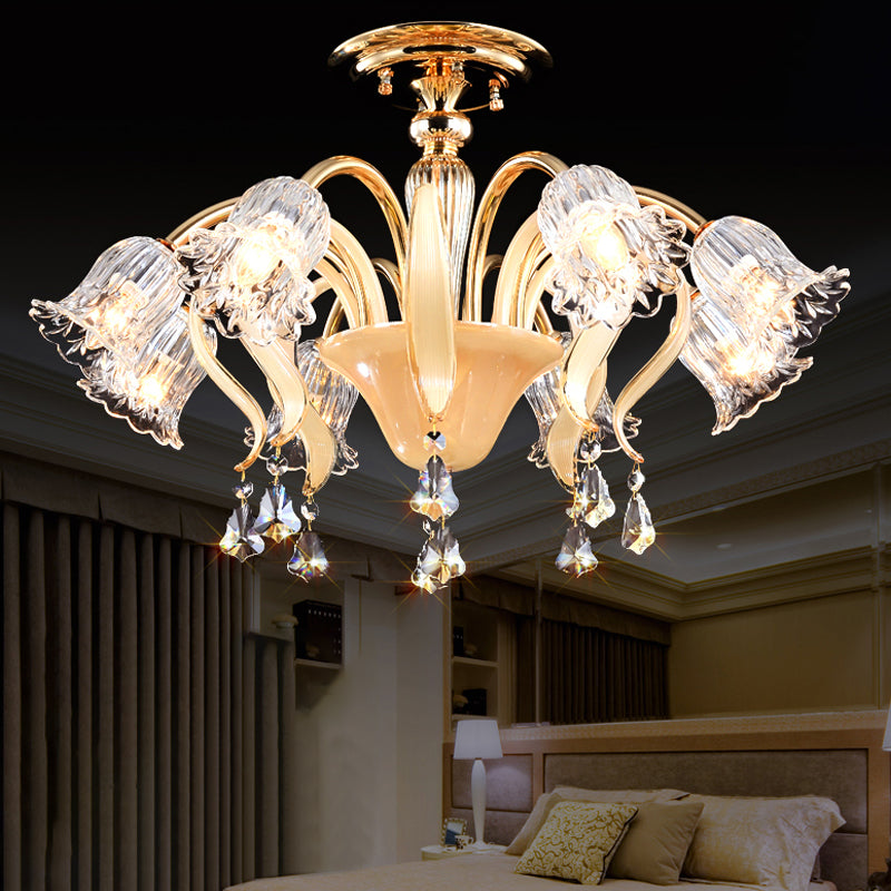 Flower Bedroom Semi Flush Mount Contemporary Crystal 8 Heads Gold Close to Ceiling Lamp Gold Clearhalo 'Ceiling Lights' 'Close To Ceiling Lights' 'Close to ceiling' 'Semi-flushmount' Lighting' 759569