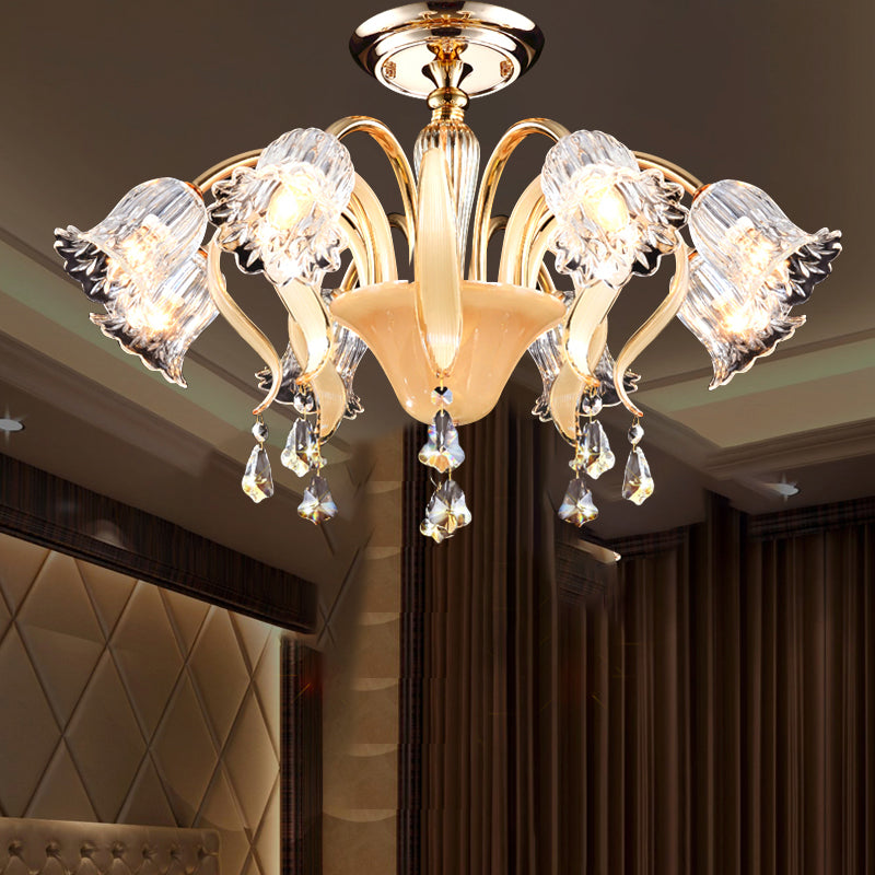 Flower Bedroom Semi Flush Mount Contemporary Crystal 8 Heads Gold Close to Ceiling Lamp Clearhalo 'Ceiling Lights' 'Close To Ceiling Lights' 'Close to ceiling' 'Semi-flushmount' Lighting' 759570