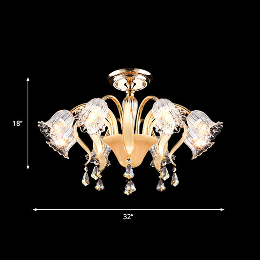Flower Bedroom Semi Flush Mount Contemporary Crystal 8 Heads Gold Close to Ceiling Lamp Clearhalo 'Ceiling Lights' 'Close To Ceiling Lights' 'Close to ceiling' 'Semi-flushmount' Lighting' 759572