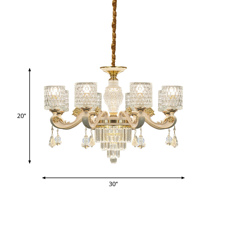 6/8-Light Crystal Pendant Lighting Modernism Gold Cylinder Dining Room Up Chandelier Lamp Fixture Clearhalo 'Ceiling Lights' 'Chandeliers' 'Modern Chandeliers' 'Modern' Lighting' 759581
