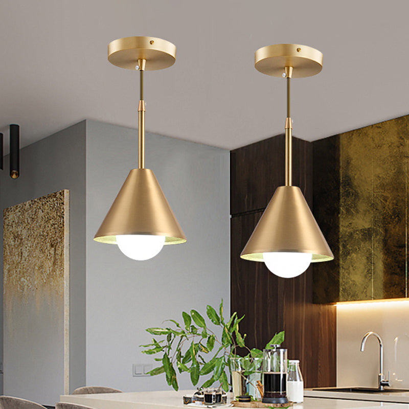 Mid Century Cone Metal Pendant Light Single-Bulb Ceiling Suspension Lamp in Brass over Dining Table Brass Clearhalo 'Ceiling Lights' 'Modern Pendants' 'Modern' 'Pendant Lights' 'Pendants' Lighting' 759695