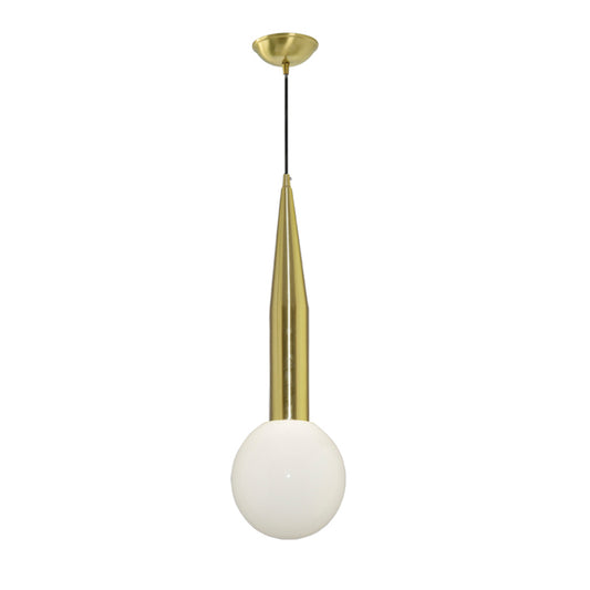 Tapering Bedside Pendant Light Kit Metallic Single Postmodern Style Hanging Lamp in Gold with Ball Milk Glass Shade Clearhalo 'Ceiling Lights' 'Chandeliers' 'Glass shade' 'Glass' 'Modern Pendants' 'Modern' 'Pendant Lights' 'Pendants' Lighting' 759708
