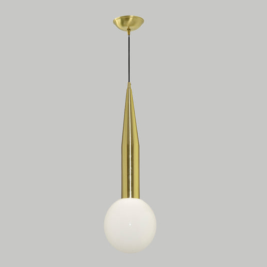Tapering Bedside Pendant Light Kit Metallic Single Postmodern Style Hanging Lamp in Gold with Ball Milk Glass Shade Clearhalo 'Ceiling Lights' 'Chandeliers' 'Glass shade' 'Glass' 'Modern Pendants' 'Modern' 'Pendant Lights' 'Pendants' Lighting' 759709