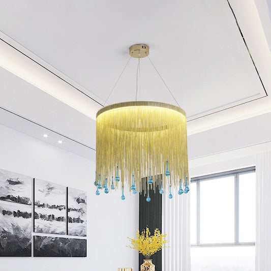 Modern Stylish Fringe Skirt Pendant Lamp Aluminum Bedroom 16"/19.5" W LED Hanging Light Fixture in Gold with Blue Glass Drop Gold Clearhalo 'Ceiling Lights' 'Modern Pendants' 'Modern' 'Pendant Lights' 'Pendants' Lighting' 759711