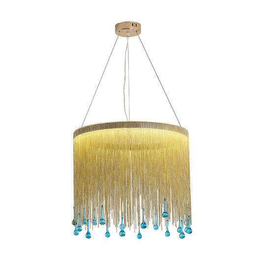 Modern Stylish Fringe Skirt Pendant Lamp Aluminum Bedroom 16"/19.5" W LED Hanging Light Fixture in Gold with Blue Glass Drop Clearhalo 'Ceiling Lights' 'Modern Pendants' 'Modern' 'Pendant Lights' 'Pendants' Lighting' 759712