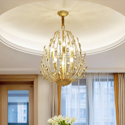 Crystal Gold Hanging Chandelier Ovoid Shaped Floral Vine 6 Bulbs Retro Stylish Pendant Light Gold Clearhalo 'Ceiling Lights' 'Chandeliers' 'Modern Chandeliers' 'Modern' Lighting' 759762