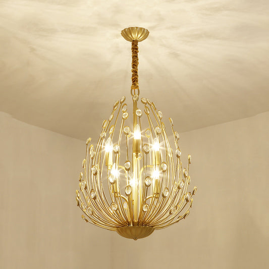Crystal Gold Hanging Chandelier Ovoid Shaped Floral Vine 6 Bulbs Retro Stylish Pendant Light Clearhalo 'Ceiling Lights' 'Chandeliers' 'Modern Chandeliers' 'Modern' Lighting' 759764